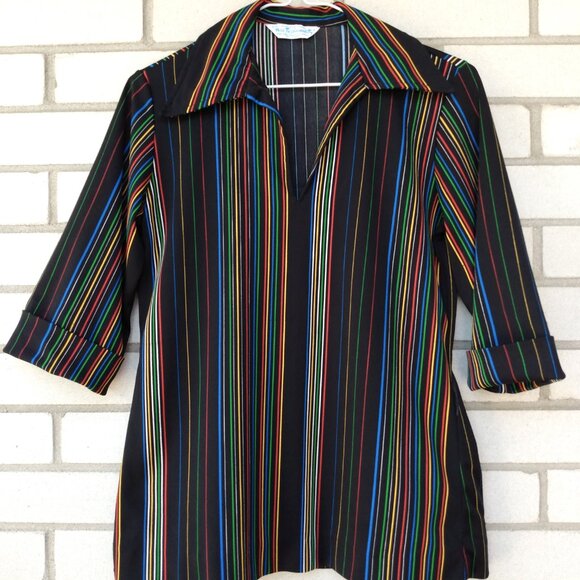 Vintage 70s Tunic Top 35" Bust Black Stripes Butterfly Collar Miss Fashionality - Picture 11 of 11